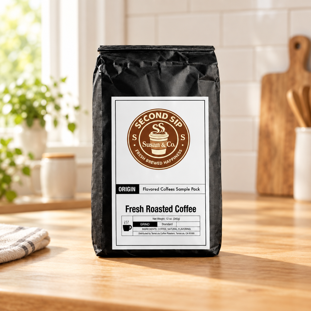 Flavored Coffees Sample Pack on a kitchen table