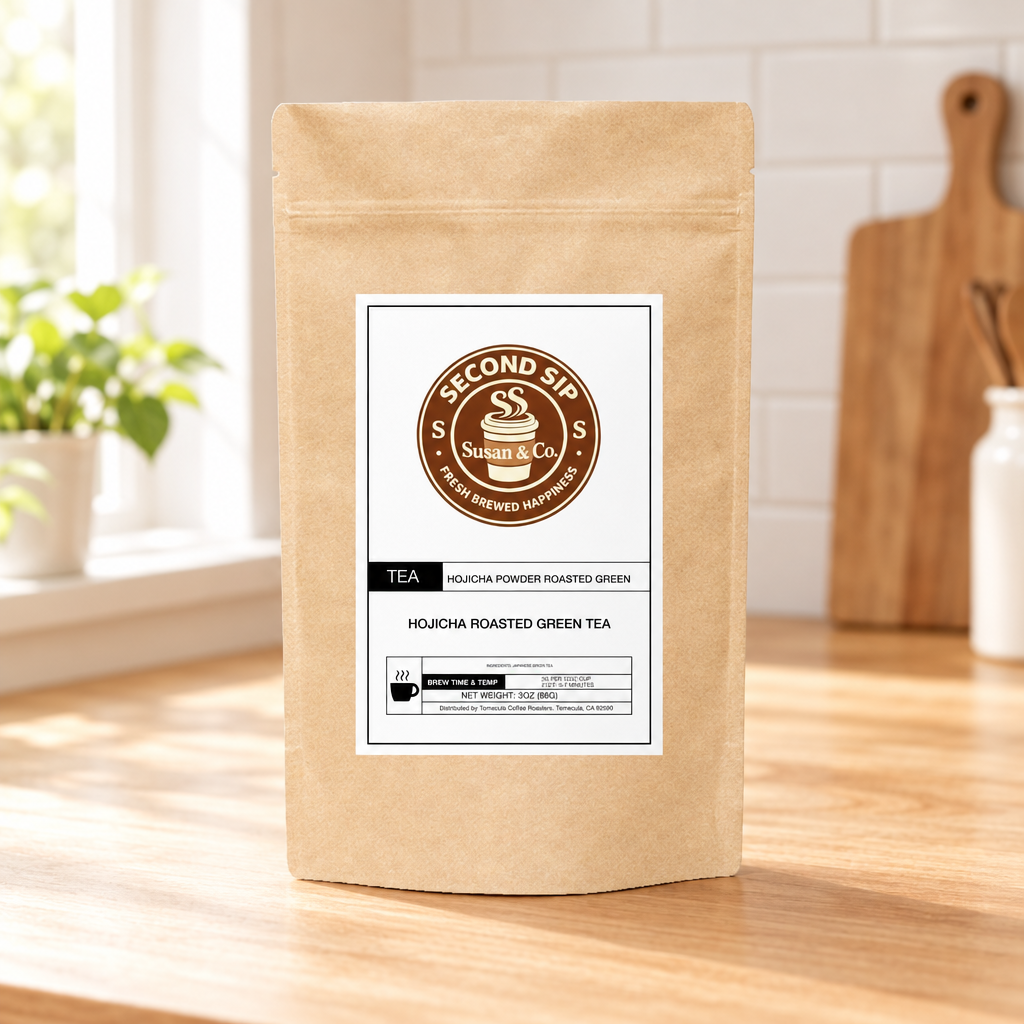 Hojicha tea pouch on a warm wooden kitchen table