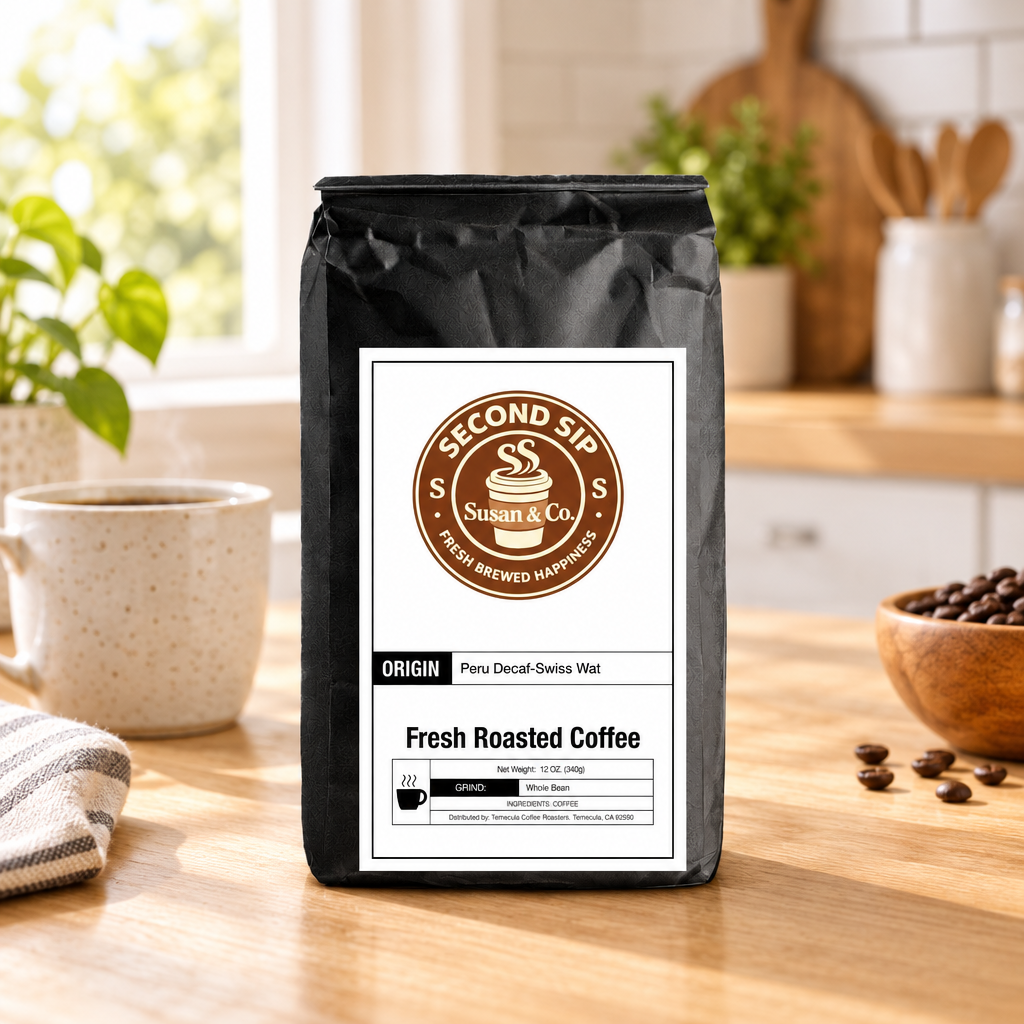 Peru Decaf coffee on a kitchen table