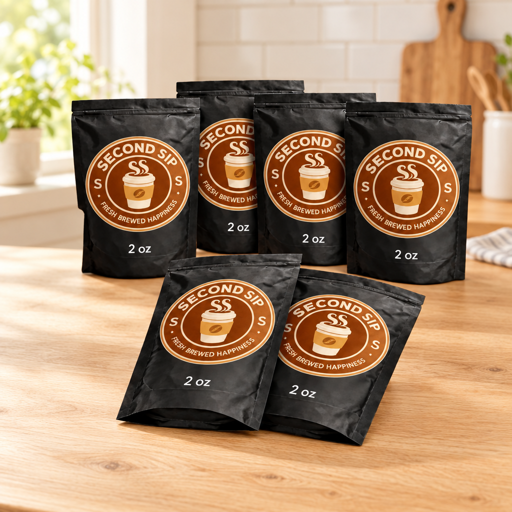 Six Best Sellers Sample Pack coffee bags on a light wood kitchen table